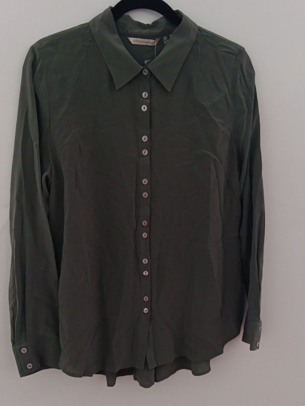 Soft Surroundings Silk Olive Green Button-Down Shirt #3892
